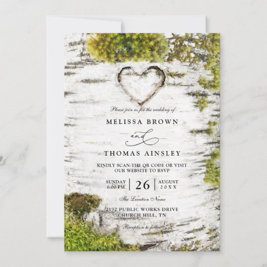 Country Rustic Birch Tree Bark QR Code Wedding Einladung (Vorderseite)