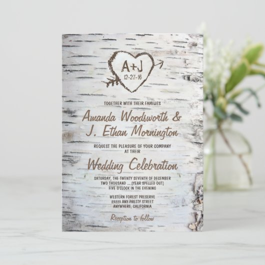 Country Rustic Birch Tree Barke Hochzeit Einladung (Stehend Vorderseite)