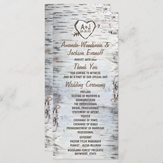 Country Rustic Birch Tree Barke Hochzeitsprogramme Programm (Vorne/Hinten)