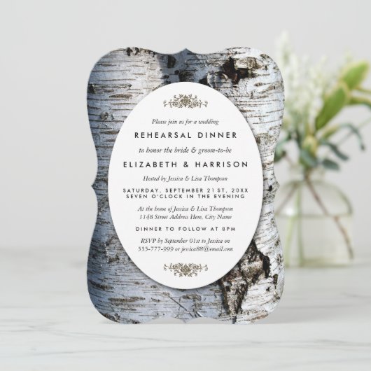 Country Rustic Birch Tree Hochzeit Probe Dinner Einladung (Stehend Vorderseite)