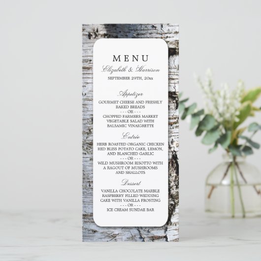 Country Rustic Birch Tree Wedding Menü Menükarte (Stehend Vorderseite)