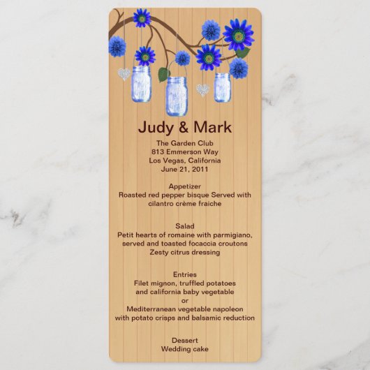 Country Rustic Blue Mason Jars Wedding Menu Card Menükarte (Vorderseite)