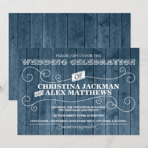 Country Rustic Blue Wood Vintage Hochzeit Einladung