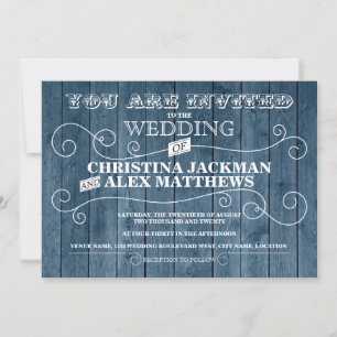 Country Rustic Blue Wood Vintage Hochzeit Einladung