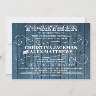 Country Rustic Blue Wood Vintage Hochzeit Einladung