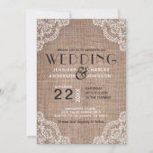 Country Rustic Burlap Fabric Lace Trim Wedding Einladung (Vorderseite)