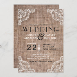 Country Rustic Burlap Fabric Lace Trim Wedding Einladung