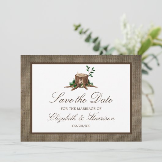 Country Rustic Burlap Monogram Tree Save the Date (Stehend Vorderseite)