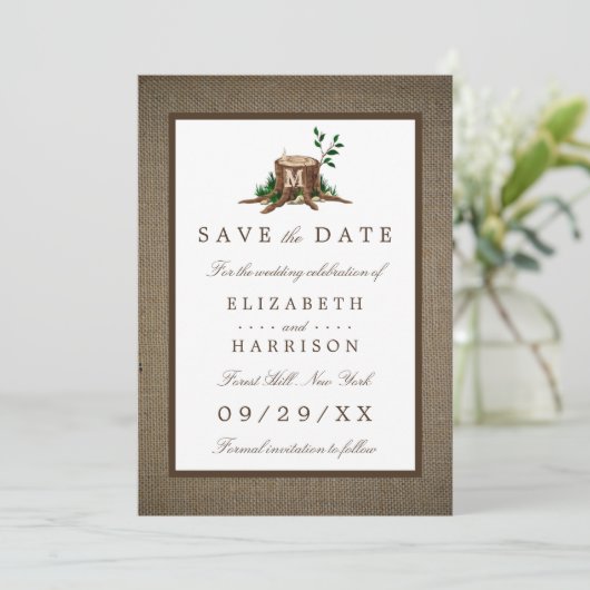 Country Rustic Burlap Monogram Tree Save the Date (Stehend Vorderseite)