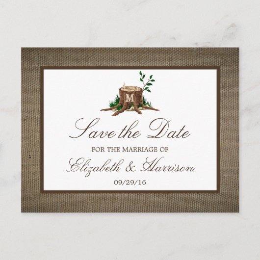 Country Rustic Burlap Monogram Tree Save the Date Ankündigungspostkarte (Vorderseite)