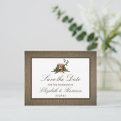 Country Rustic Burlap Monogram Tree Save the Date Ankündigungspostkarte (Stehend Vorderseite)