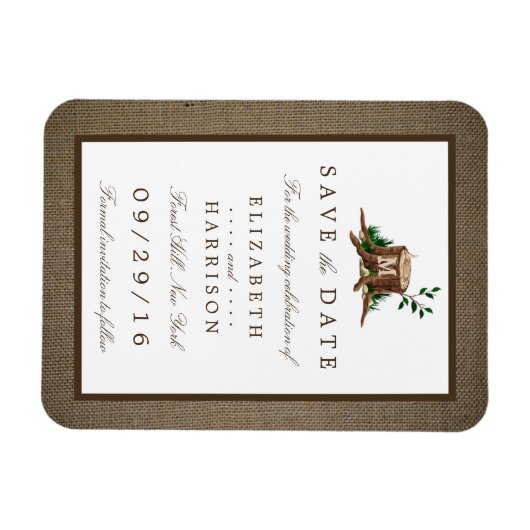 Country Rustic Burlap Monogram Tree Save the Date Magnet (Horizontal)