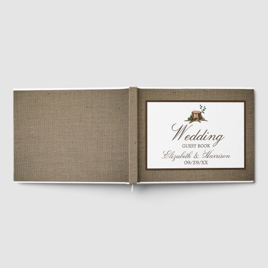 Country Rustic Burlap Monogram Tree Wedding Gästebuch (Voll)