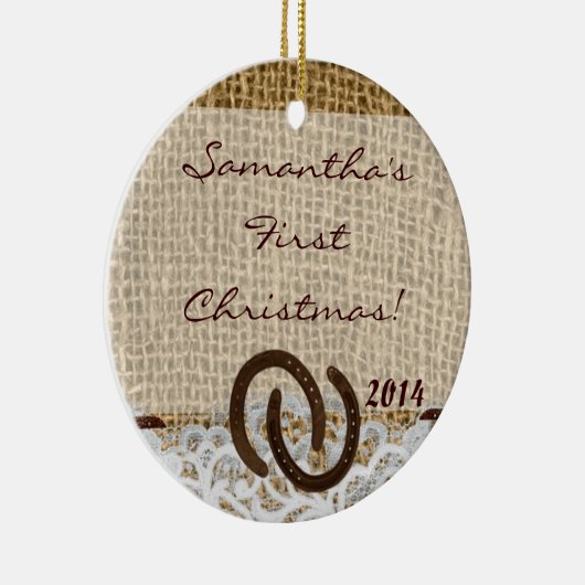 Country Rustic Burlap Personalisierter Name Orname Keramikornament (Rechts)