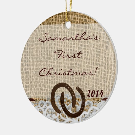 Country Rustic Burlap Personalisierter Name Orname Keramikornament (Links)
