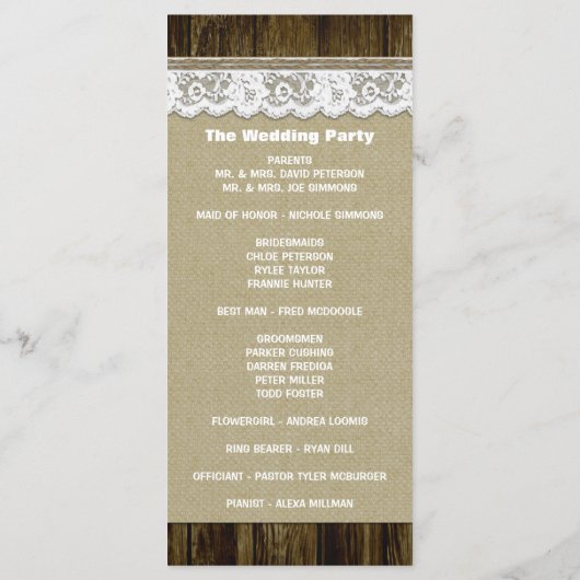Country Rustic Burlap- und Lace-Wedding-Programme Programm (Rückseite)