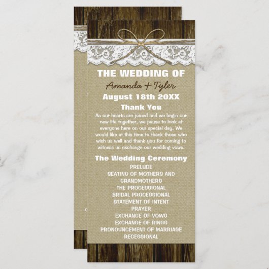 Country Rustic Burlap- und Lace-Wedding-Programme Programm (Vorne/Hinten)