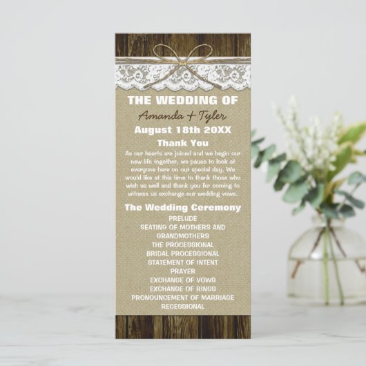 Country Rustic Burlap- und Lace-Wedding-Programme Programm (Stehend Vorderseite)