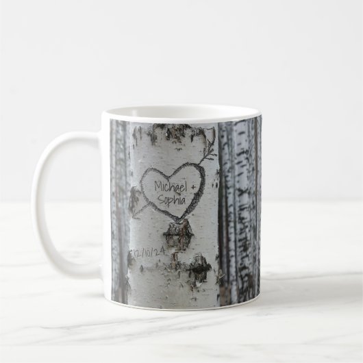 Country Rustic Carved Heart Birch Tree Kaffeetasse (Links)