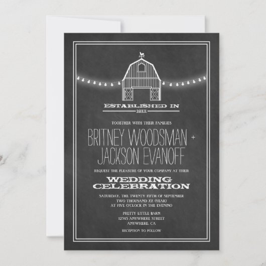 Country Rustic Chalkboard Barn Wedding Einladungen (Vorderseite)