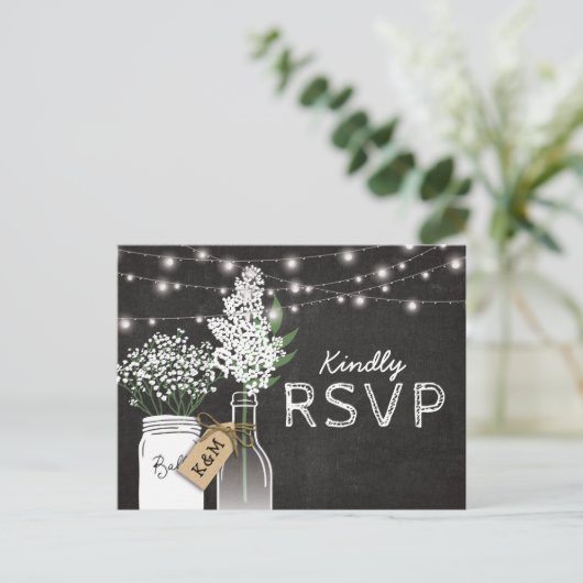 Country Rustic Chalkboard Wood Wedding RSVP Einladungspostkarte (Stehend Vorderseite)