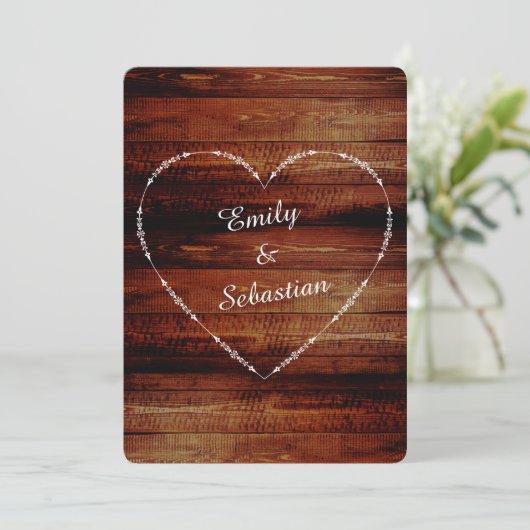 Country Rustic Classic Wood Hearts Hochzeit einlad Einladung (Stehend Vorderseite)