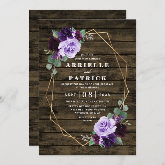 Country Rustic Floral Lila und Gold Hochzeit Einladung (Vorne/Hinten)