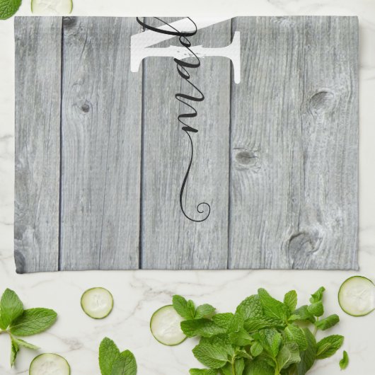 Country Rustic Graue Muster Monogram Script  Geschirrtuch (Gefaltet)