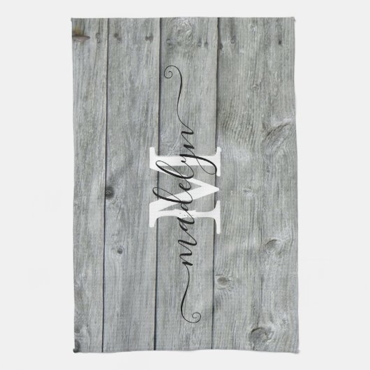Country Rustic Graue Muster Monogram Script  Geschirrtuch (Vertikal)