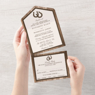 Country Rustic Horseshoe & Brown Wood Wedding All In One Einladung
