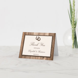 Country Rustic Horseshoe & Brown Wood Wedding Dankeskarte