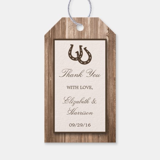 Country Rustic Horseshoe & Brown Wood Wedding Geschenkanhänger (Vorderseite)