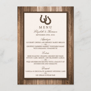 Country Rustic Horseshoe & Brown Wood Wedding Menu Menükarte