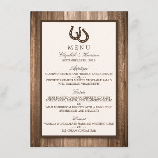 Country Rustic Horseshoe & Brown Wood Wedding Menu Menükarte