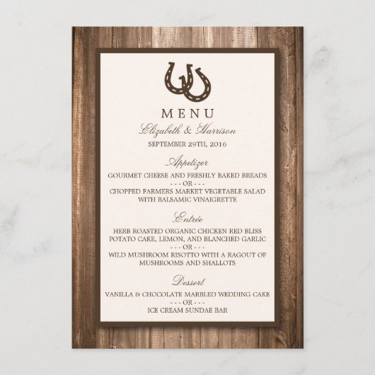 Country Rustic Horseshoe & Brown Wood Wedding Menu Menükarte (Vorderseite)