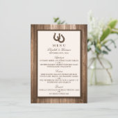 Country Rustic Horseshoe & Brown Wood Wedding Menu Menükarte (Stehend Vorderseite)