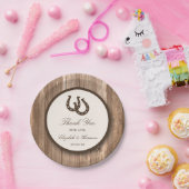 Country Rustic Horseshoe & Brown Wood Wedding Pappteller (Party)