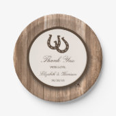 Country Rustic Horseshoe & Brown Wood Wedding Pappteller (Vorderseite)
