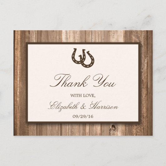 Country Rustic Horseshoe & Brown Wood Wedding Postkarte (Vorderseite)