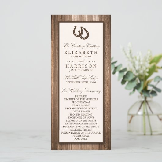 Country Rustic Horseshoe & Brown Wood Wedding Programm (Stehend Vorderseite)