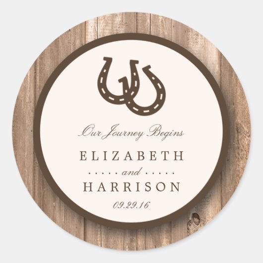 Country Rustic Horseshoe & Brown Wood Wedding Runder Aufkleber (Vorderseite)
