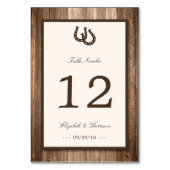 Country Rustic Horseshoe & Brown Wood Wedding Tischnummer (Rückseite)
