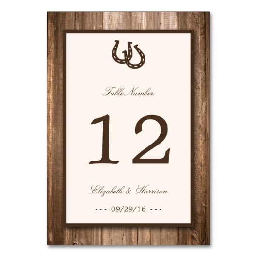 Country Rustic Horseshoe & Brown Wood Wedding Tischnummer (Vorderseite)