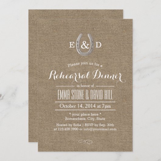 Country Rustic Horseshoe Burlap Probe Dinner Einladung (Vorne/Hinten)
