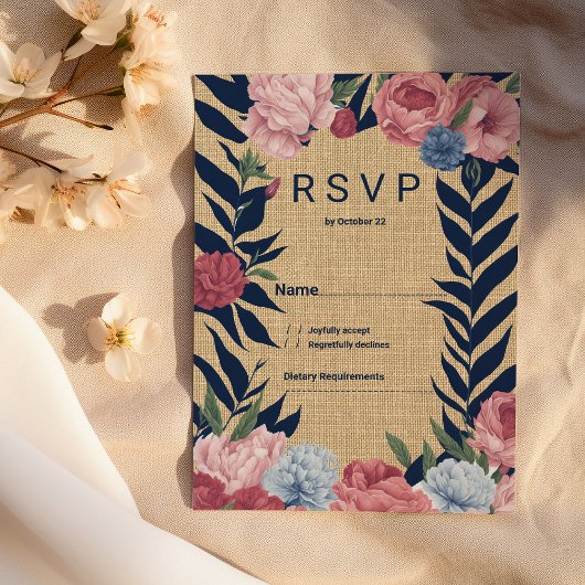 Country rustic ivory navy blue pink floral RSVP Einladung