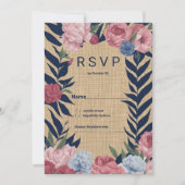 Country rustic ivory navy blue pink floral RSVP Einladung (Vorderseite)