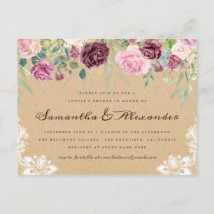 Country Rustic Kraft Lace Floral Couple's Dusche Einladungspostkarte