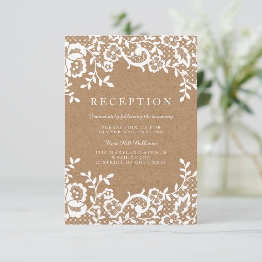 Country Rustic Lace Wedding Empfang Begleitkarte (Stehend Vorderseite)