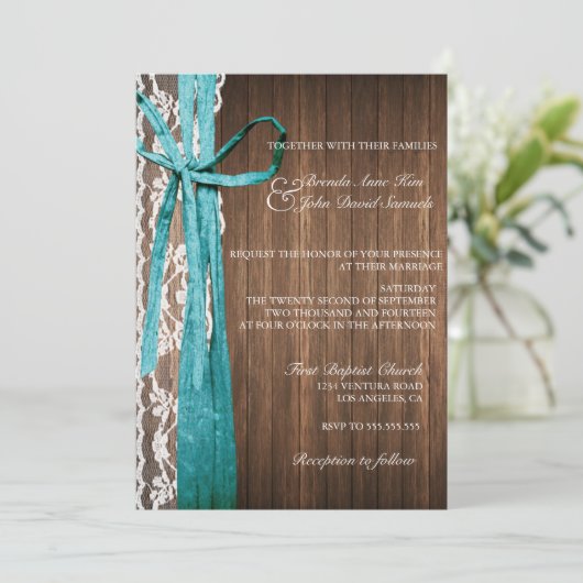 Country Rustic Lace Wood Wedding Einladung (Stehend Vorderseite)