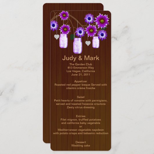 Country Rustic Lila Mason Jars Wedding Menu Card Menükarte (Vorne/Hinten)